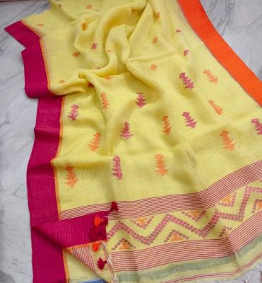 Yellow Pure Handloom Linen By Linen Saree From Bengal