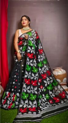 Black Pure Handloom Dhakai Jamdan Saree From Bengal