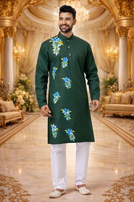 Stylish Green Punjabi Kurta Pyjama with Traditional Print