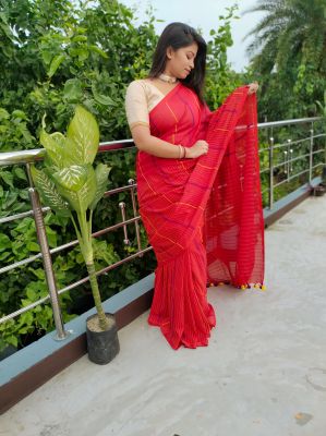 Red Pure Handloom Kantha Stitch Cotton Saree From Bengal