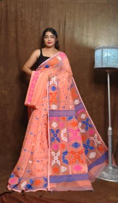 Coral Pink Pure Handloom Dhakai Jamdani Saree From Bengal
