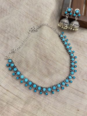 Silver Pure Oxidised Necklace With Sky Blue Stone Jewellery
