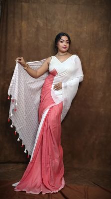 Coral White Pure Handloom Cotton Saree From Bengal