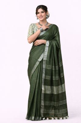 Green Pure Handloom Linen Saree From Bihar