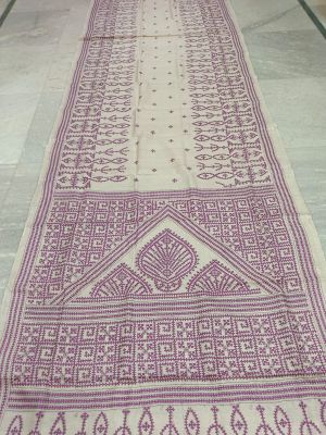 Off White Pure Handloom Kantha Silk Saree From Bengal