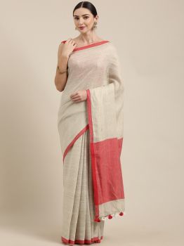 Off White & Red Linen Saree