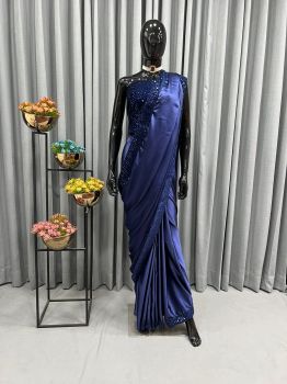 Blue Plain Body Sequence Work Satin Saree