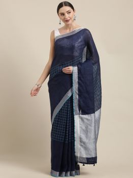 Dark Navy Blue & Silver Plain Linen Saree