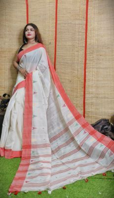 White Pure Handloom Silk Cotton Saree From Bengal