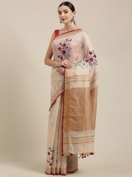 Cream Floral Embroidery Linen Saree