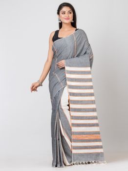 Gray Pure Handloom Khesh Cotton Saree From Bengal