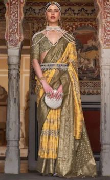 Yellow Flower Design Handloom Banarasi Silk Saree From Banaras
