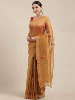 Golden Embroidery Tissue Linen Saree