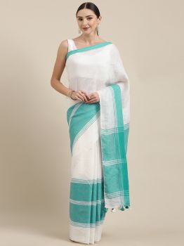White & Sky Blue Plain Linen Saree