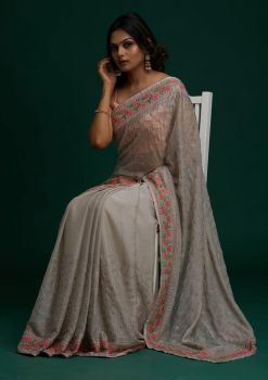 Light Grey Flower Design Cross Stitch Thread Work Georgette Silk Saree