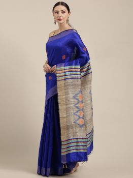 Cream & Royal Blue Dupion Raw Silk Saree