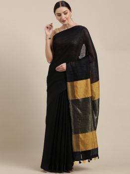 Black & Gold Plain Linen Saree