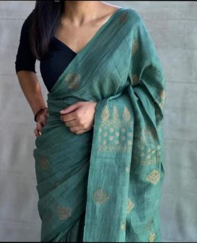 Green Organic Linen Jamdani Buti Saree