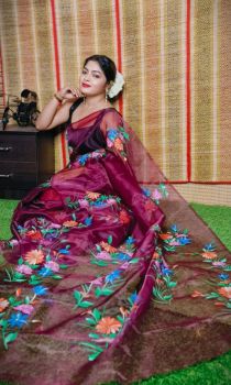 Wine Hand Printed Pure Handloom Organza Saree