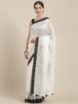 White &Black Plain Linen Saree