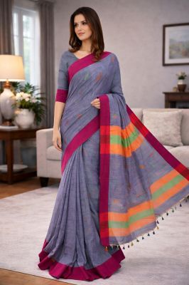 Gray Pure Handloom Soft Cotton Saree From Bengal