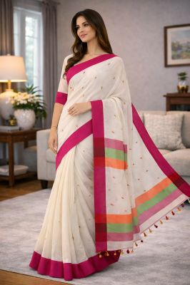 White Pure Handloom Soft Cotton Saree From Bengal