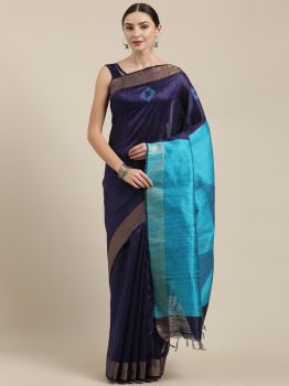 Dark Navy Blue Dupion Raw Silk Saree