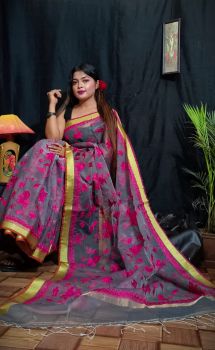 Grey Leaf Embroidery Resham Saree From Bengal
