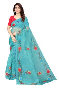 Sky Blue Organza Hand Painted Leaf Design Saree.