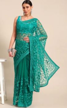 Sea Green Embroidery Work Net Saree From Banaras