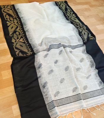 White Black Pure Handloom Linen By Linen Saree From Bengal