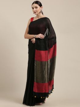 Black& Maroon Plain Linen Saree