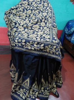 Dark Blue Silk Flower Design Saree From Bengal