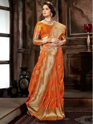 Sunrise Orange Pure Handloom Silk Saree From Banaras