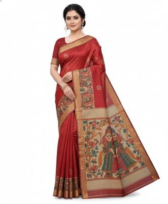 Red Elegant Women Madhubani Handcrafted Handloom Pure Tassar Silk Saree