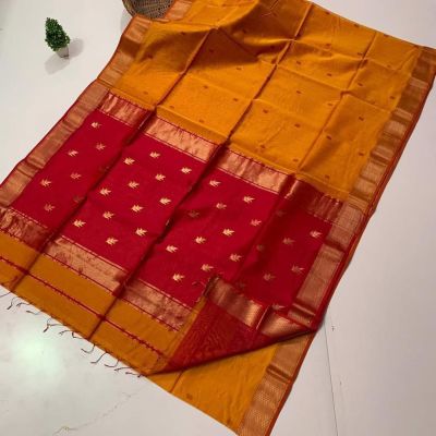 Golden Red Pure Handloom Maheshwari Silk Cotton Saree From Bengal