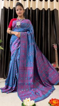 Blue Buti Design Pure Handloom Dhakai Jamdani Saree