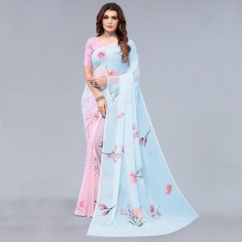 Sky Blue Pink Printed Georgette Saree