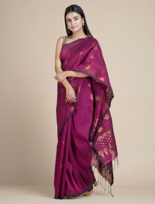 Wine Berry Pure Handloom Linen By Linen Saree From Bengal