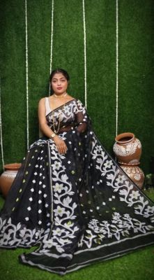 Black Pure Handloom Dhakai Jamdani Saree From Bengal