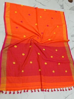 Orange Red Pure Handloom Cotton Saree From Bengal