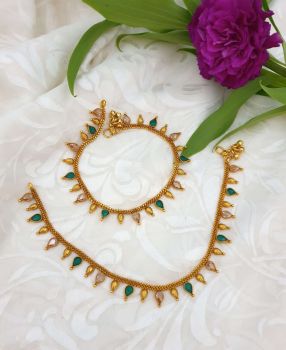 Antique green and white stone anklets AC0026