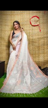 Off White Pure Handloom Linen By Linen Saree From Bengal