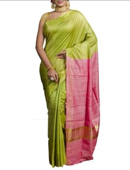 Pista Green Pink Plain Silk Saree From Bengal