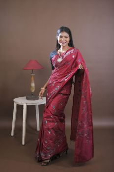 Brown Red Pure Handloom Katha Sttich Saree From Bengal
