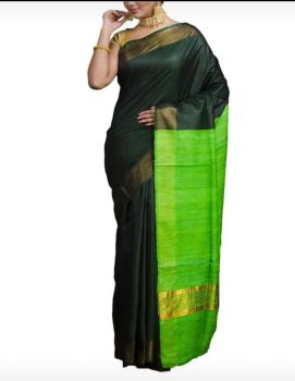 Black Parrot Green Plain Silk Saree From Bengal