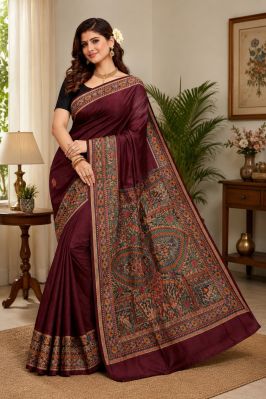 Maroon Elegant Women Madhubani Pure Handloom Tassar Silk Saree