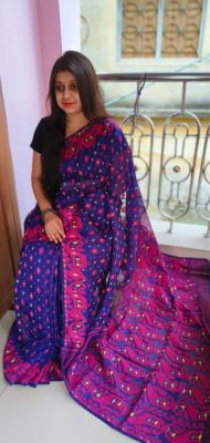 Blue Pure Handloom Dhakai Jamdani Saree From Bengal