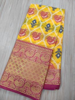 Yellow Peacock Design Cotton Alif Patola Saree