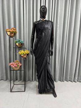 Black Plain Body Sequence Work Satin Saree